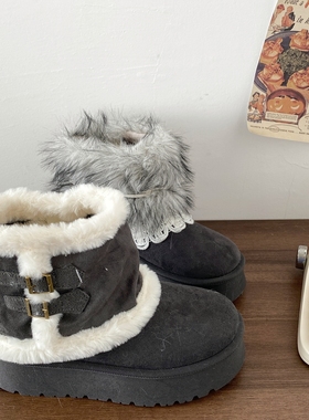 喜叔两穿厚底灰色费尔岛雪地靴女款冬季加绒加厚棉鞋保暖毛毛短靴