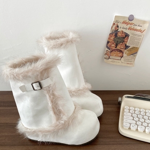 喜叔内增高厚底白色毛绒雪地靴女2025冬季新款保暖棉鞋毛毛短靴子