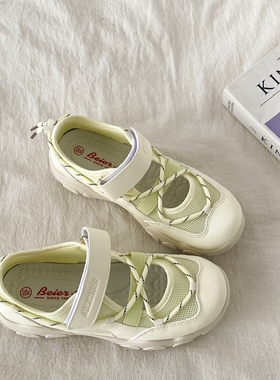 喜叔黄色厚底包头凉鞋女款夏季镂空透气运动休闲鞋小众玛丽珍板鞋