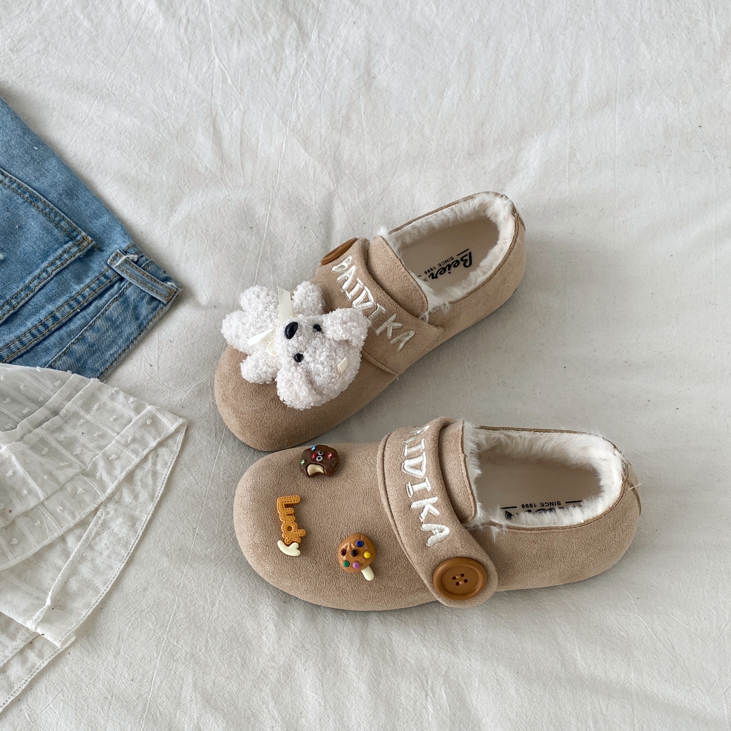 可爱小熊加绒勃肯鞋保暖毛毛棉鞋