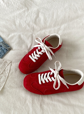 喜叔红色德训鞋女2026春季新款软底阿甘鞋复古百搭系带休闲运动鞋
