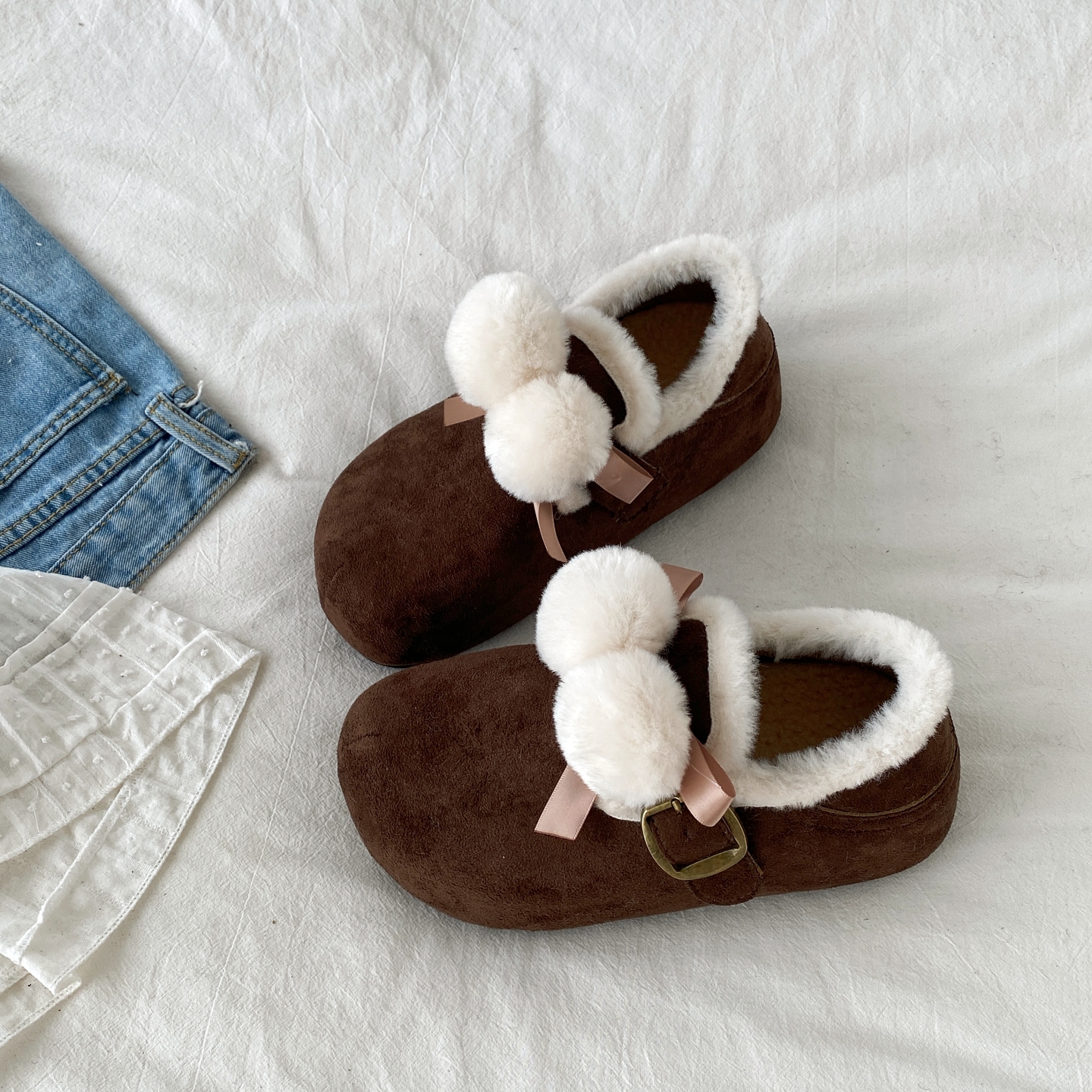 可爱毛球蝴蝶结勃肯棉鞋毛毛鞋子