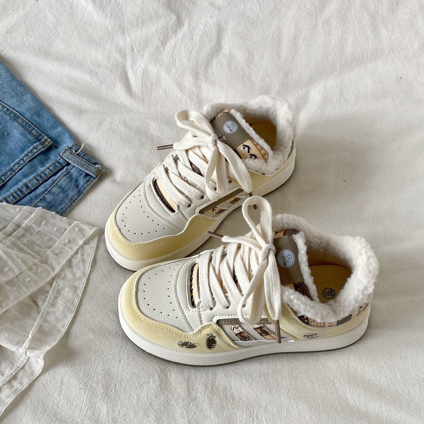 喜叔 2025新款冬季厚底加绒小白鞋女款保暖二棉鞋百搭板鞋面包鞋,女鞋,棉鞋,淘宝优惠券,粉丝福利购,淘宝优惠卷