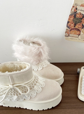 喜叔可拆卸白色费尔岛毛毛雪地靴女款冬季厚底保暖棉鞋加绒短靴子