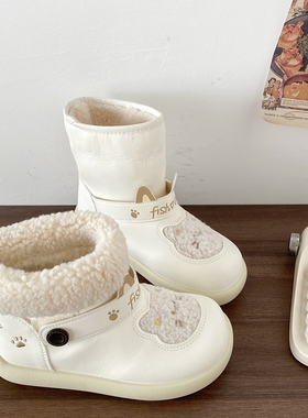 喜叔可爱小猫皮面雪地靴女2025新款冬季保暖加绒棉鞋白色毛毛棉靴