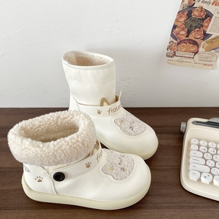 喜叔可爱小猫皮面雪地靴女2025新款冬季保暖加绒棉鞋白色毛毛棉靴