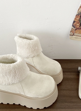 喜叔白色增高厚底雪地靴女2025新款冬季加绒加厚棉鞋勃肯保暖短靴