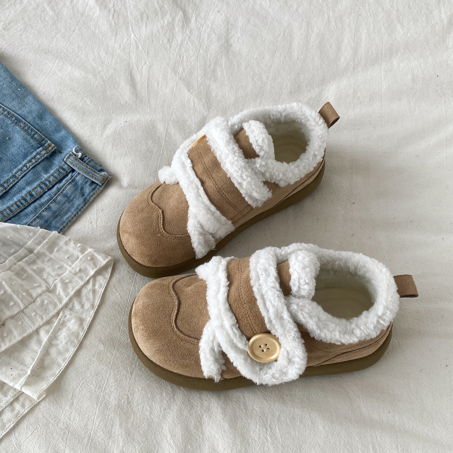 毛绒魔术贴棉鞋加绒保暖毛毛鞋子