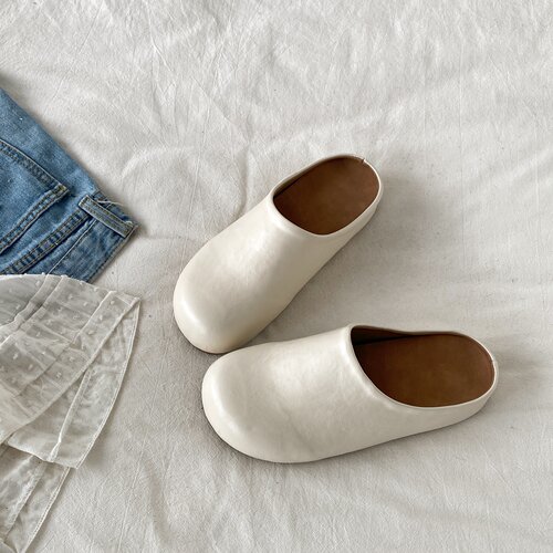 米色皮面一脚蹬勃肯鞋厚底包头拖