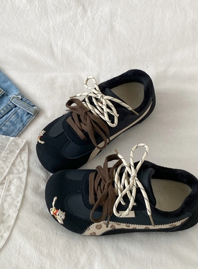 喜叔韩版加绒黑色德训鞋女2025冬季新款二棉板鞋小众休闲运动鞋子