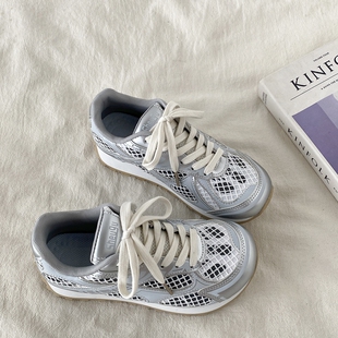 喜叔银色单网透气运动鞋女款夏季轻便休闲老爹鞋显脚小华夫阿甘鞋
