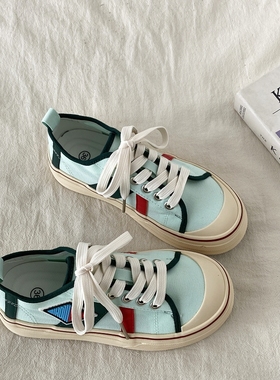 喜叔 小众设计感绿色帆布鞋女款夏季透气百搭板鞋厚底休闲小白鞋