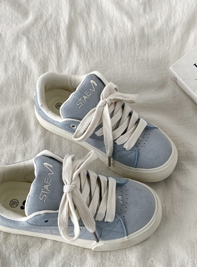 喜叔 复古蓝色板鞋女款2025春季新款小众百搭chic鞋子厚底面包鞋