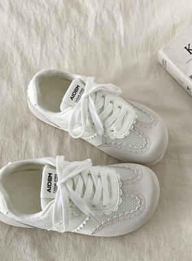 喜叔白色网面透气德训鞋女款夏季薄款芭蕾风泡芙小白鞋配裙子板鞋