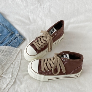 喜叔复古棕色高帮加绒帆布鞋女2025新款秋冬保暖厚底二棉鞋板鞋子