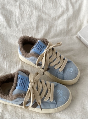 喜叔蓝色加绒板鞋女2025新款秋冬百搭厚底棉鞋复古休闲运动面包鞋