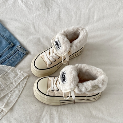 小众翻盖高帮加绒帆布鞋保暖棉鞋