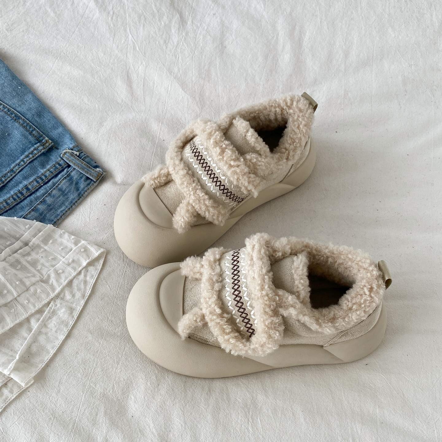 复古厚底魔术贴棉鞋丑萌毛毛板鞋