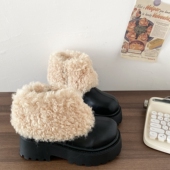 喜叔黑色厚底粗跟毛毛短靴女2025新款 冬季 保暖加绒马丁靴雪地棉靴