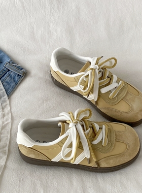 喜叔 小众黄色丑萌圆头板鞋女2025新款秋季复古百搭德训鞋阿甘鞋