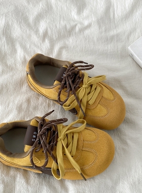 喜叔 复古黄色芒果头德训鞋女款平底泡芙板鞋小众运动休闲阿甘鞋