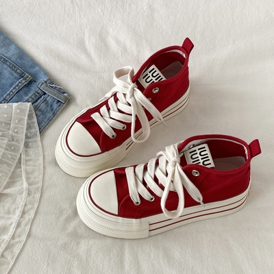 复古红色高帮帆布鞋厚底增高板鞋