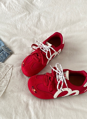 喜叔 小众红色薄底德训鞋女款ins潮复古休闲运动鞋内增高阿甘板鞋