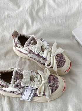 喜叔 紫色小众设计感开口笑帆布鞋女款厚底乞丐板鞋不撞款鞋子潮