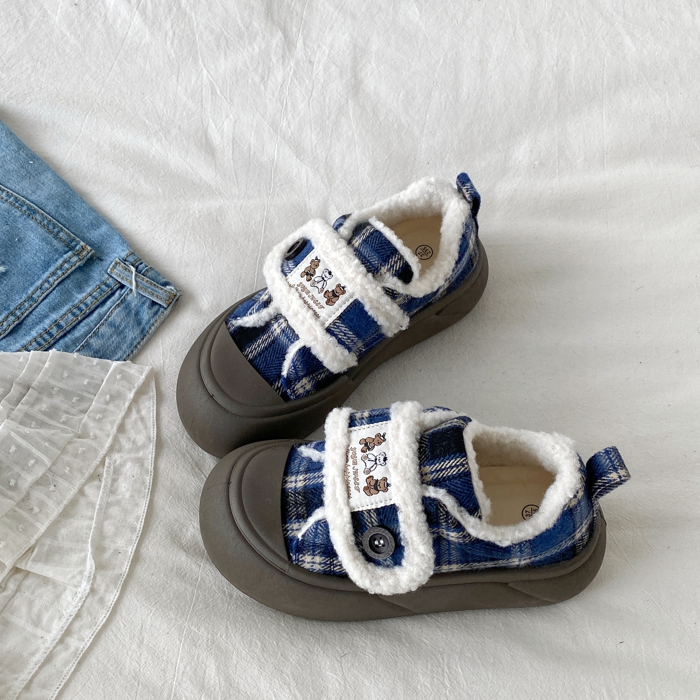 复古蓝色格纹魔术贴二棉鞋毛毛鞋