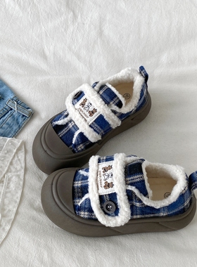 喜叔蓝色丑萌大头棉鞋女2025新款冬季保暖加绒毛毛板鞋厚底雪地靴