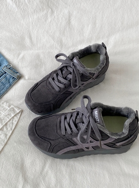 喜叔灰紫色厚底加绒德训鞋女款冬季保暖二棉运动鞋复古休闲阿甘鞋