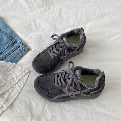 灰紫色加绒保暖德训鞋厚底阿甘鞋