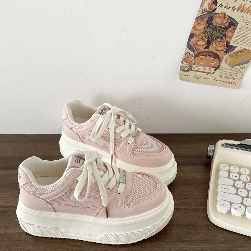 粉色双网透气板鞋小个子增高女鞋