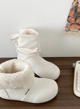 喜叔白色平底加绒勃肯短靴女2025新款冬季保暖雪地靴两穿高帮棉鞋