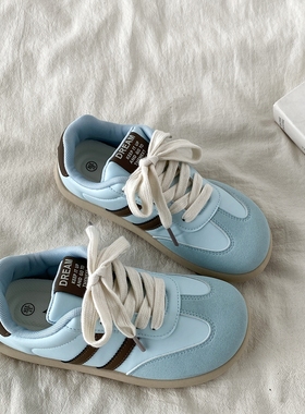 喜叔蓝色芒果头德训鞋女2025新款春秋百搭chic板鞋圆头休闲小白鞋