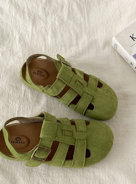 喜叔 复古绿色罗马凉鞋女夏季外穿镂空包头半拖鞋丑萌猪笼勃肯鞋