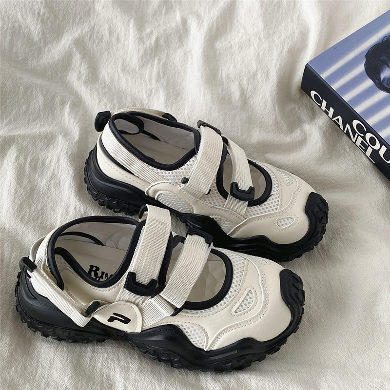 丑萌包头魔术贴凉鞋女镂空老爹鞋