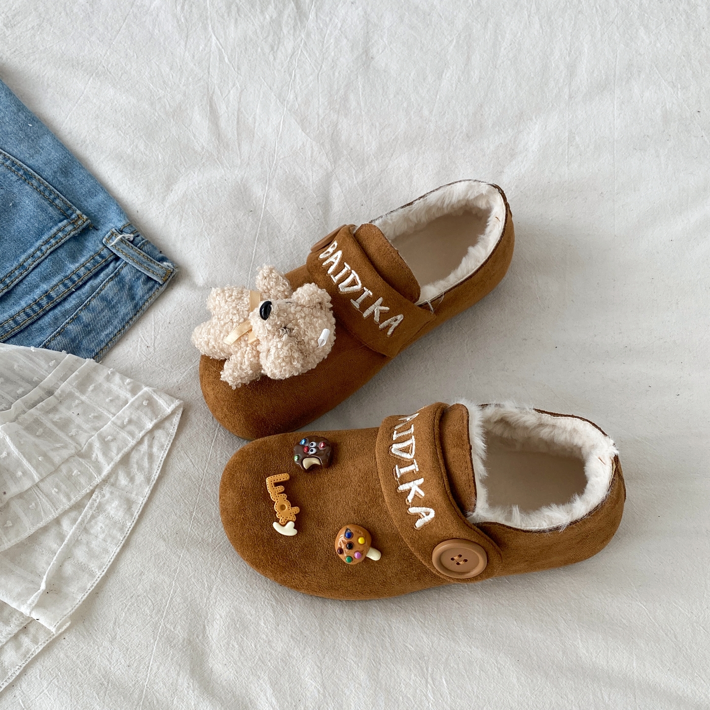 可爱毛绒小熊加绒勃肯鞋毛毛棉鞋