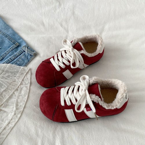 丑萌红色加绒德训鞋贝壳头板鞋子