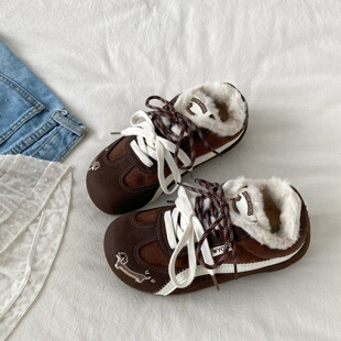 喜叔复古棕色加绒保暖德训鞋女款冬季二棉鞋平底休闲运动鞋阿甘鞋