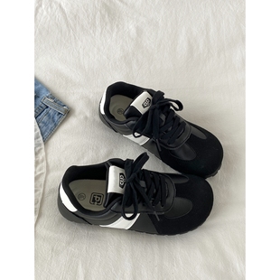 喜叔黑色德训鞋女款2025夏季新款平底板鞋子休闲运动鞋复古小黑鞋