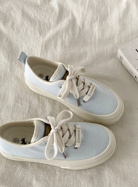 喜叔浅蓝色帆布鞋女2025新款夏季薄款透气女鞋小众厚底休闲板鞋子