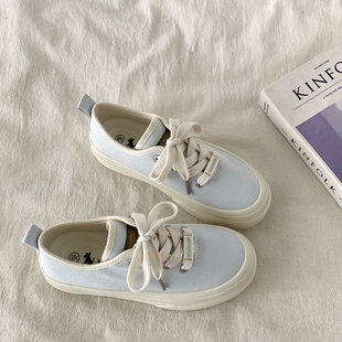 喜叔浅蓝色帆布鞋女2025新款夏季薄款透气女鞋小众厚底休闲板鞋子