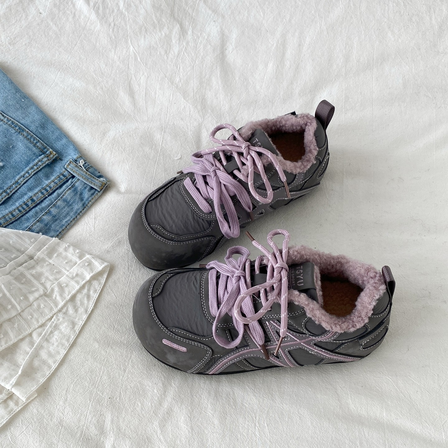 灰紫拼色加绒德训鞋保暖面包棉鞋