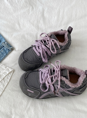 喜叔小众灰紫色加绒德训鞋女2025冬季新款保暖二棉板鞋休闲运动鞋