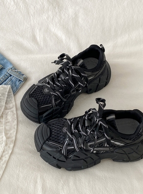 喜叔 复古黑色厚底休闲运动鞋女款ins潮显脚小老爹鞋户外登山鞋子