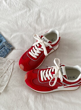 喜叔红色网面阿甘鞋女2025新款百搭厚底德训鞋透气休闲运动鞋跑鞋