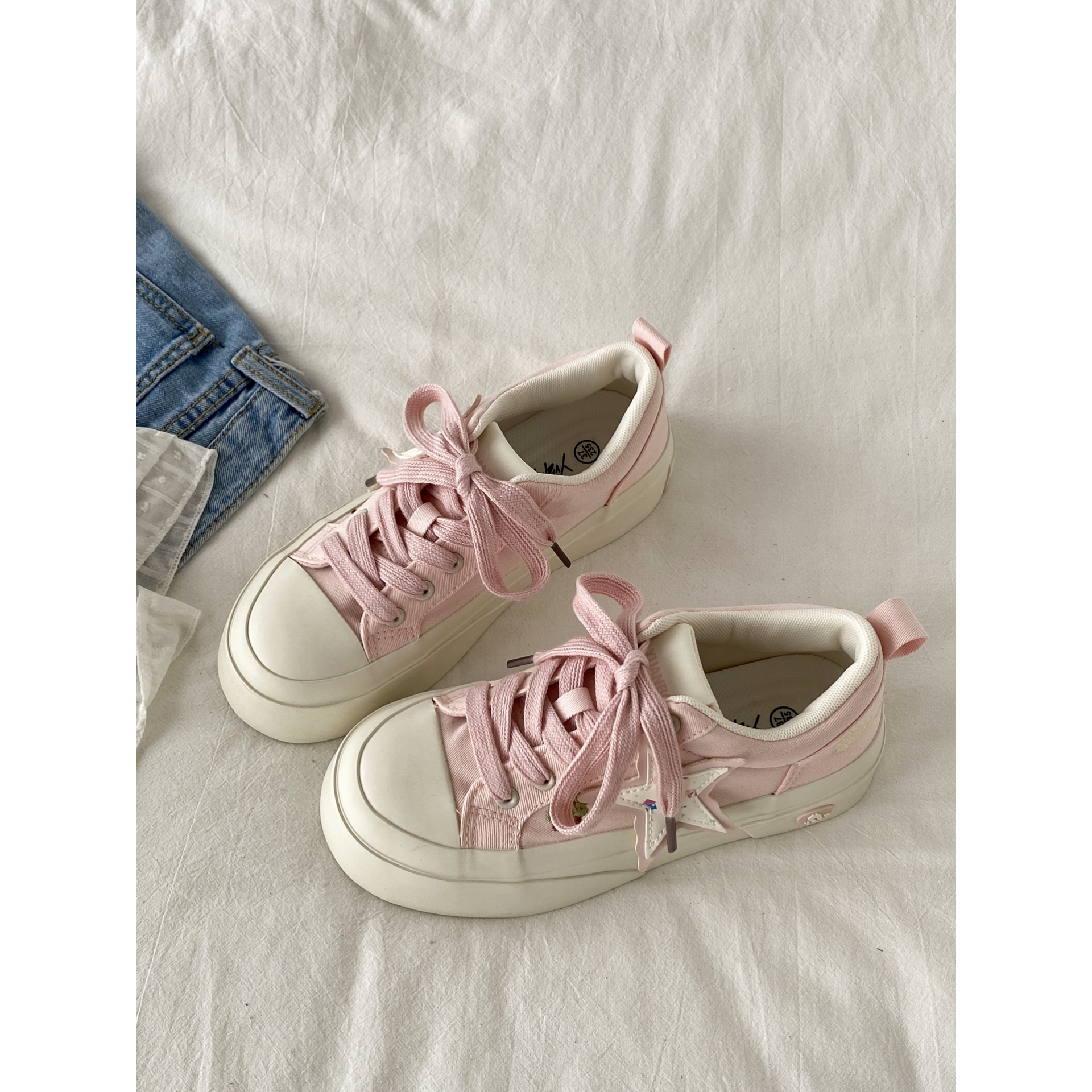 韩版粉色星星板鞋厚底透气帆布鞋