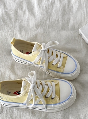 喜叔 多巴胺黄色kitty猫帆布鞋女款2025新款夏季厚底百搭透气板鞋