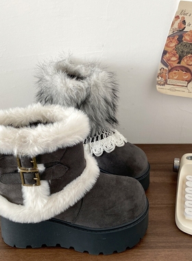 喜叔可拆卸灰色厚底毛绒雪地靴女款冬季增高保暖棉鞋两穿毛毛短靴